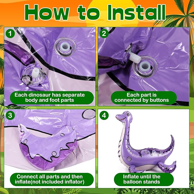Foilswirl 10 Pcs Giant 3D Dinosaur Balloons for Birthday Party Decorations (20-35") Cute Self-standing Dino Balloons Inflatable Foil Balloon for Jungle Theme, Jurassic Theme, Baby Shower Supplies