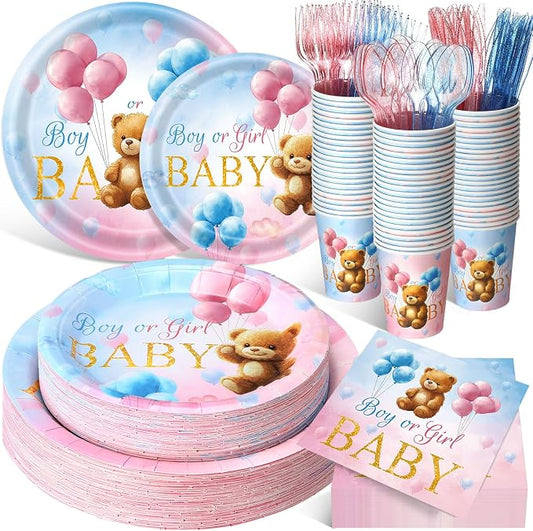 Funnymoom 400 Pcs Bear Gender Reveal Party Supplies for 50 Guests Boy or Girl Gender Reveal Disposable Plates Napkins Cups Spoons Forks Knives for Pink Blue Baby Shower Party Favors