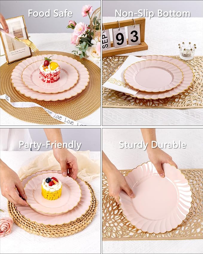 Ciaell 175 PCS Pink Scalloped Plastic Plates with Gold Trim - Pink Plastic Silverware with Handle - Fancy High-End Dinnerware Sets for Wedding & Baby Showers & Party