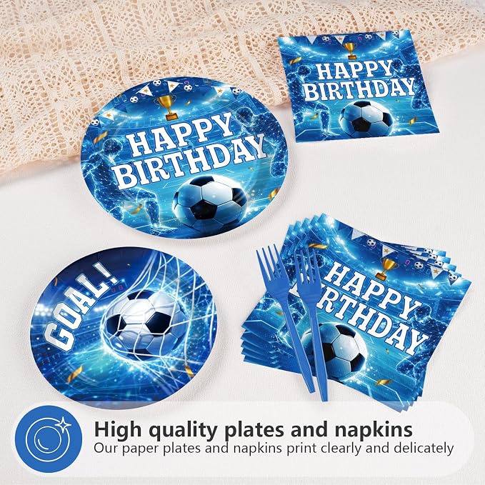 96Pcs Soccer Birthday Party Supplies Blue Soccer Plates and Napkins Sports Theme Tableware Set for Men Boys Sports Birthday Party Supplies, Serves 24