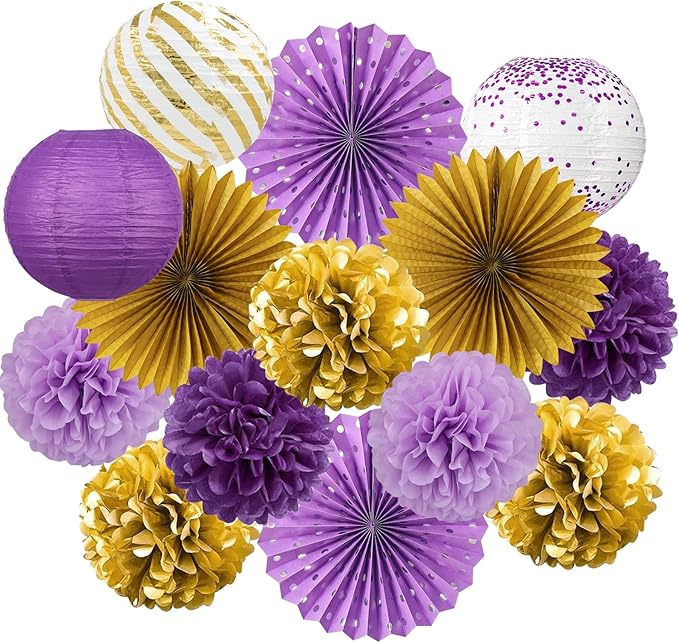 ADLKGG Purple Gold Party Decorations, 14 Pcs Hanging Paper Fans, Lanterns, Pom Poms, Elegant Backdrop for Graduation Party, Rapunzel Theme, Birthday, Baby Shower, Bridal Shower