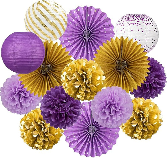 ADLKGG Purple Gold Party Decorations, 14 Pcs Hanging Paper Fans, Lanterns, Pom Poms, Elegant Backdrop for Graduation Party, Rapunzel Theme, Birthday, Baby Shower, Bridal Shower