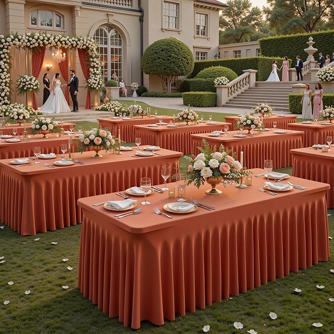 6 Packs Terracotta Spandex Tableclothes for 8 Foot Rectangle Tables, Wrinkle Free 8ft Fitted Table Cover Stretch Table Cloth Desk Skirt for Weddings Baby Shower Birthday Party Banquet Decorations