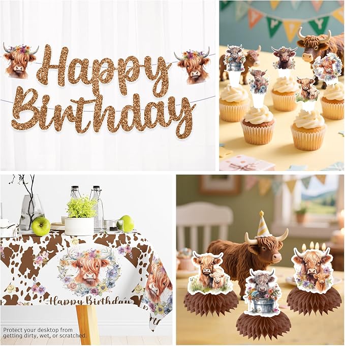 347pcs Brown Cow Birthday Decorations Include Tableware Set, Banner, Hanging, Tablecloth, Balloon, Cupcake Topper, Centerpiece, for Western Farm Animals Kids Birthday Baby Shower, Serves 50