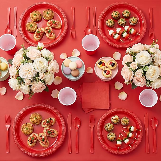 352 Pcs Red Plastic Plates Party Set, 50 Guests Disposable Dinnerware Set with Red Tablecloths, Bold Red Plastic Plates Party Set for Wedding/Valentine's Day/Christmas/Holiday Party