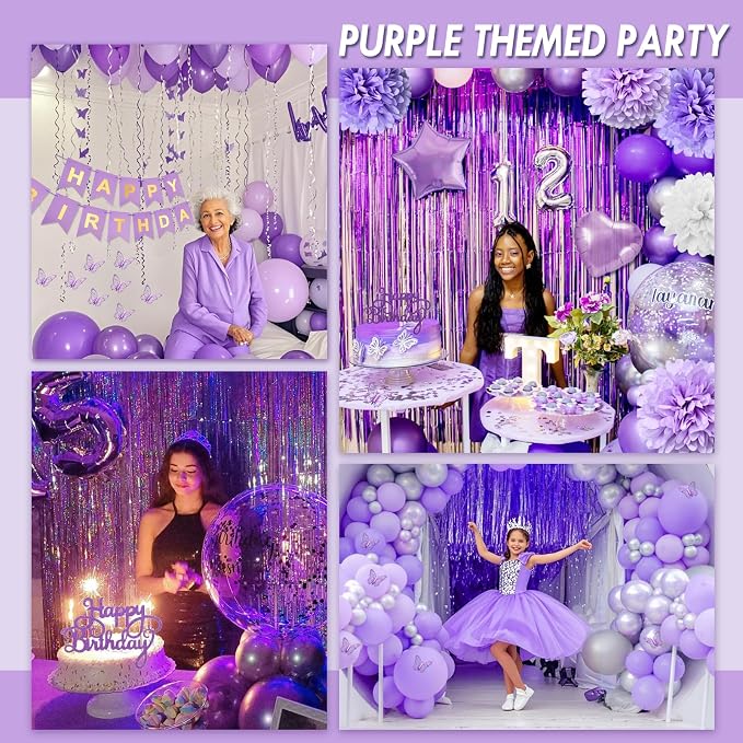 Purple Birthday Decorations, Happy Birthday Party Decorations with Happy Birthday Banner Butterfly Purple Balloons Pom Poms Foil Fringe Curtain for Party Birthday Decor