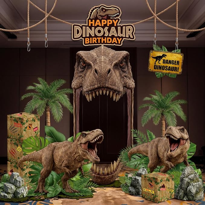 Colingmill 13 Pcs Dinosaur Birthday Decoration Jurassic Themed Party Supply with T-rex Large Door Banner Backdrop, Palm Trees, Dinosaur Cutouts Boxes and Warning Sign for Jungle Safari Birthday Decor