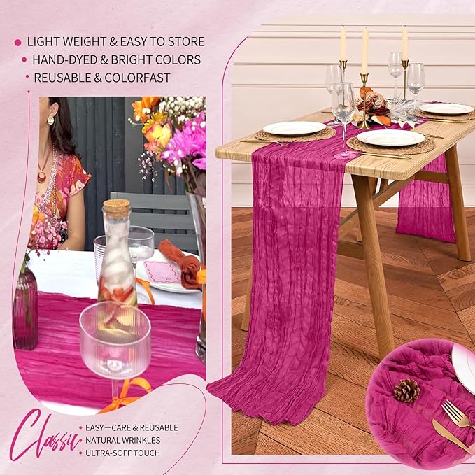 2 Pack Cheesecloth Table Runner 10FT Fuschia Table Runner Boho Gauze Cheese Cloth Table Runners Long Rustic Sheer Table Decorations for Wedding Party Baby Bridal Shower Birthday Holiday Spring