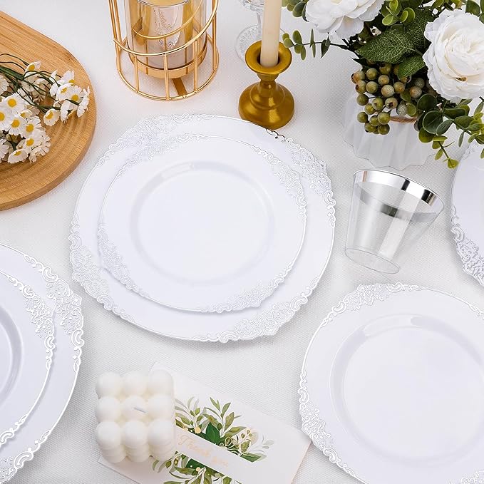 Bestluck 100 PCS White and Silver Plastic Plates for 50 Guests, Rose Gold Disposable Plates Include 50 PCS Dinner Plates, 50 PCS Dessert Plates for Party, Wedding and Baby Shower
