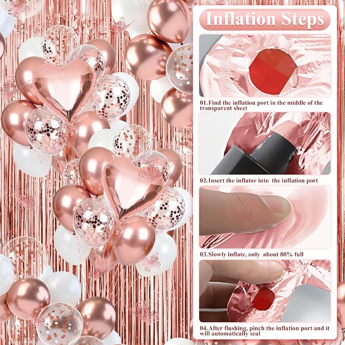 Rose Gold Butterfly Birthday Decorations Kit, All in One Pink Happy Birthday Banner Fringe Curtain Heart Foil Balloons Tableware Set, Girls Women Birthday Party Supplies Backdrop Decor