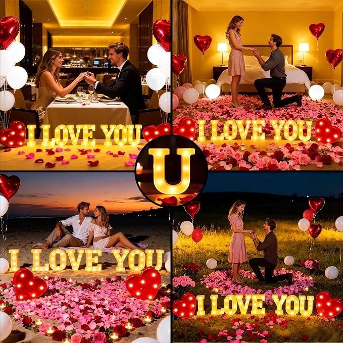 Happy Anniversary Decorations, I Love You Light up Letters Sign, with Rose Petals, Round Pearlescent Balloon, Aluminum Balloons, Table Decor for Wedding Romantic Party