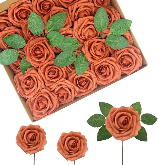 50PCS Burnt Orange Artificial Flowers Realistic Roses, Real Looking Fake Roses with Stem for DIY Wedding Bouquets Centerpieces Bridal Shower Party Home Romantic Decorations (Burnt Orange, 50pcs)