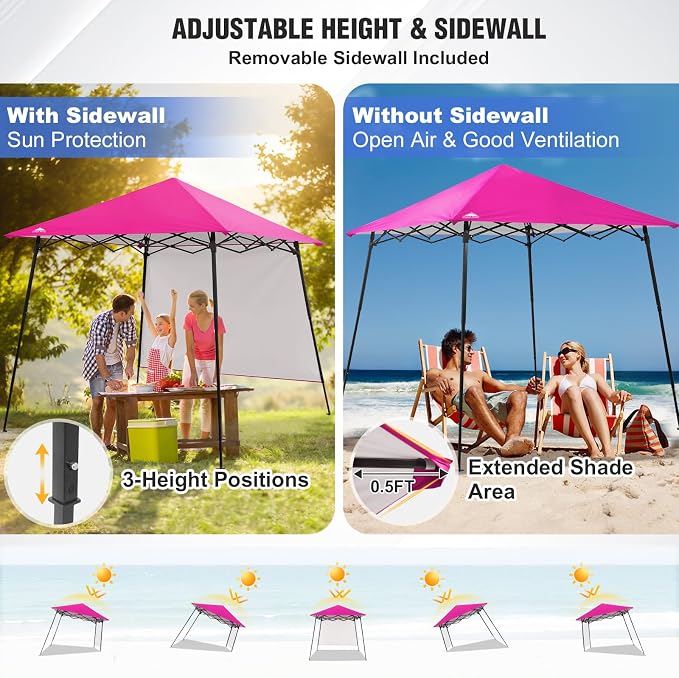 EAGLE PEAK 8x8 Pop Up Canopy Tent with Extended Eaves & Sidewall, Compact, Portable, Easy Setup Slant Leg Instant Shelter for Beach, Sports, & Camping, 8x8 Base 7x7 Top, Pink