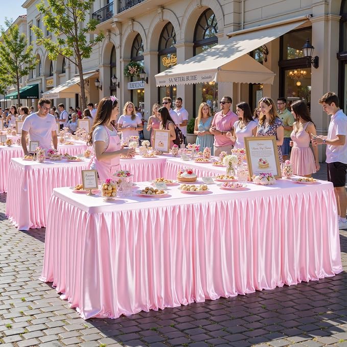 Pink Satin Tablecloths Rectangle 6FT, Glitter Spandex Fitted Stretch Table Covers Wrinkle-Free Floor Length Shimmer Table Skirt for Weddings Parties Baby Shower Banquets Vendor Events