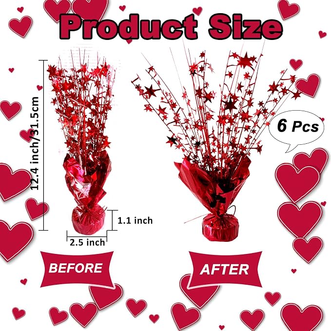 FUBININA 6 Pack Valentine's Day Table Centerpieces Metallic Red Foil Spray Centerpiece Star Table Decoration Burst for Birthday Wedding Memorial Christmas Anniversary Nye Party Supplies Decor