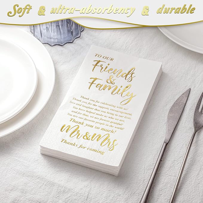 Hotop Wedding Napkins Mr & Mrs Dinner for Reception Disposable Decorative Towels Shower Banquet Rehearsal Decorations (Gold, 200 Pcs), 12.99x15.75 inches,4.33x7.87 inches
