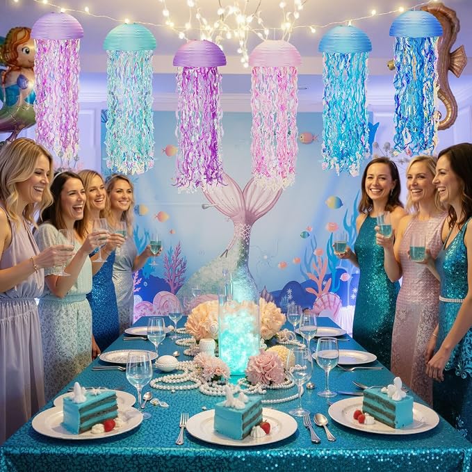 Baquler Set of 12 Jellyfish Paper Lanterns 10 Inch Semicircle Lanterns Hanging Decoration for Mermaid Sea Ocean Birthday Party Decorations(Pink, Blue, Sky Color, Royal Blue, Purple, Light Purple)
