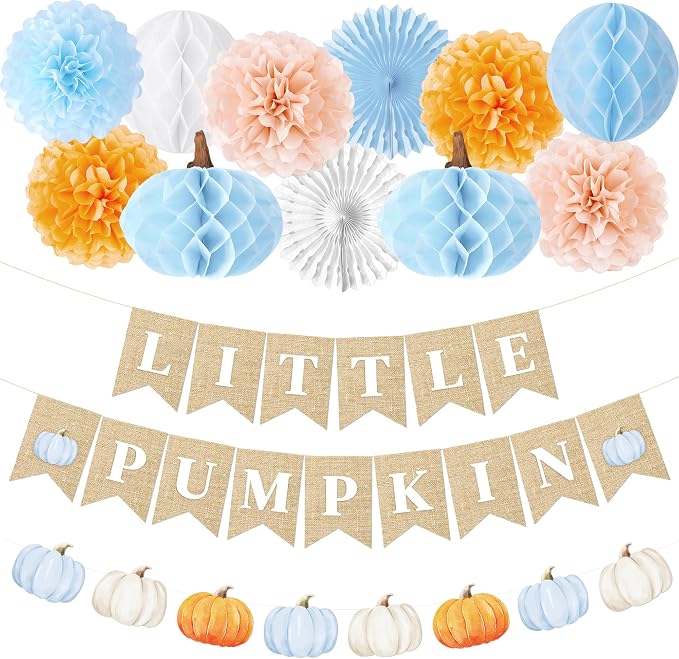 Kriyokiaa Little Pumpkin Baby Shower Decorations for Boy 14 Pcs Blue Fall Baby Shower Decorations with Little Pumpkin Banner, Tissue Pom-Poms, Paper Fan for It's a Boy Party