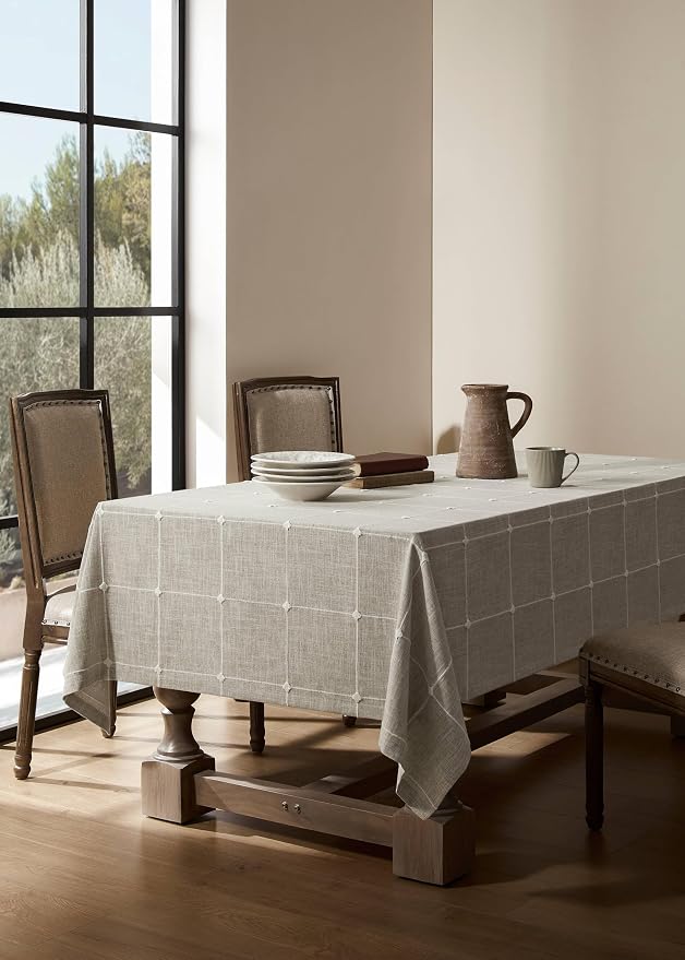 ZeeMart Grid Embroidered Hemmed Tablecloths, Raw Linen 52x52 Inch, Farmhouse Style Heavy Weight Cotton Linen Beige Tablecloths, Boho Plaid Water Resistant Square Table Cloth