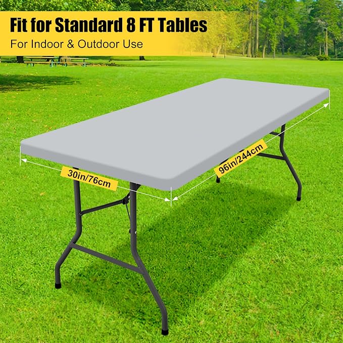 Smiry 3 Pack Rectangle Table Cloth, Elastic Fitted Flannel Backed Vinyl Tablecloths for 8ft Folding Tables, Waterproof Wipeable Table Covers for Outdoor, Camping and Picnic (Light Grey, 30"x96")