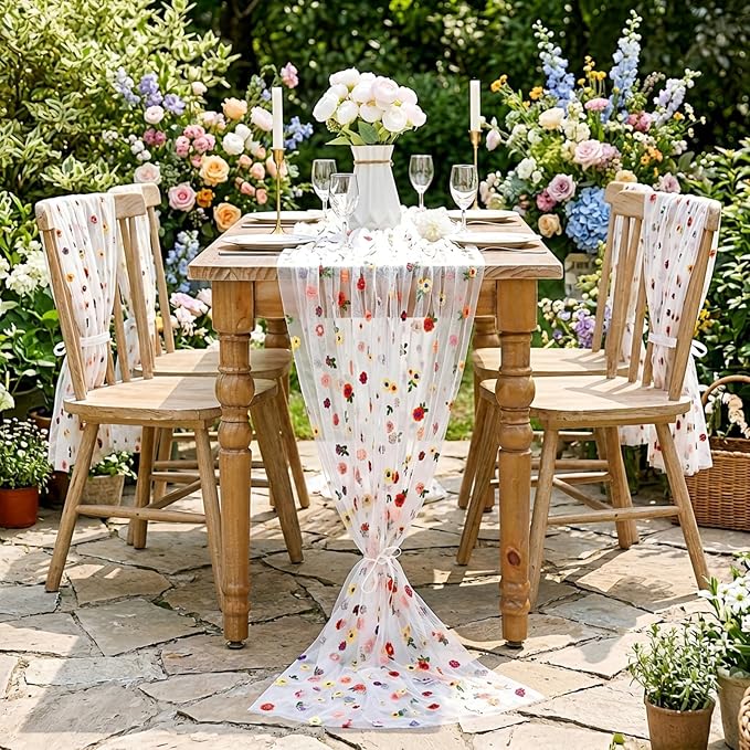 White Floral Table Runner Sheer Embroidery 120 Inches Long Tulle Table Overlay for Boho Wedding Birthday Party Spring Dining Table Decor