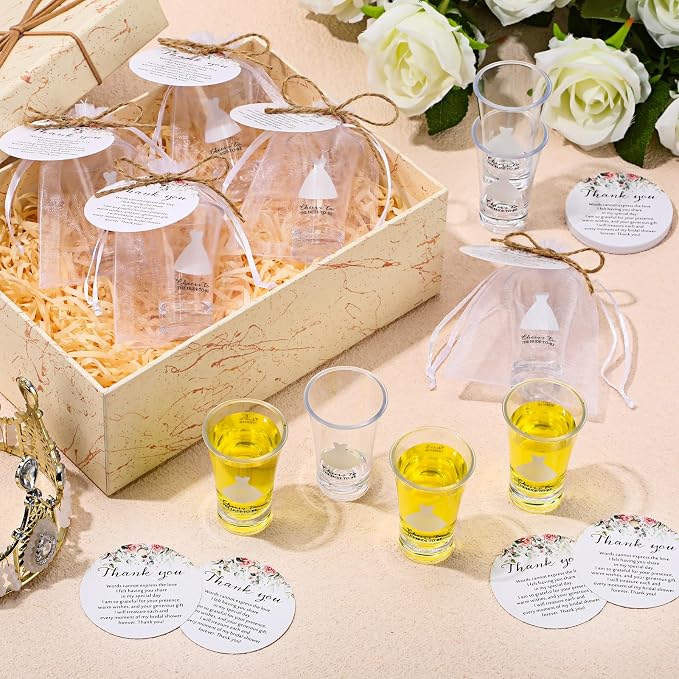 Reallnaive 30 Sets Bridal Shower Favors for Guests Cheer to the Bride to Be Acrylic Clear Shot Glasses with Thank You Tags and Organza Bag Wedding Party Favors Souvenir Gift for Bachelorette Bridal