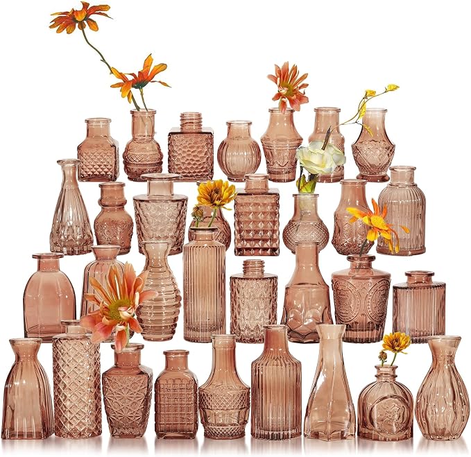 Glass Bud Vase Set of 32 Pcs, Small Glass Vases for Flowers, Amber Bud Vases in Bulk, Vintage Vases for Wedding Centerpieces, Wedding Decorations, Home Table Flower Decor
