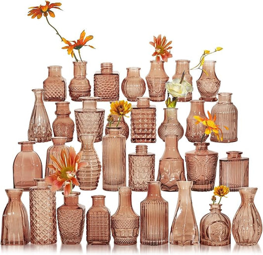 Glass Bud Vase Set of 32 Pcs, Small Glass Vases for Flowers, Amber Bud Vases in Bulk, Vintage Vases for Wedding Centerpieces, Wedding Decorations, Home Table Flower Decor