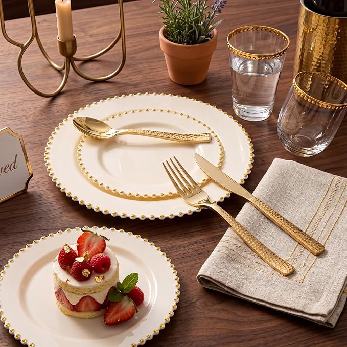 Supernal 180pcs Gold Plastic Silverware Set, Heavy Duty Disposable Cutlery for 60 Guests，Hammered Gold Utensils with 60 Forks, 60 Spoons, 60 Knives for Wedding, Party & Catering