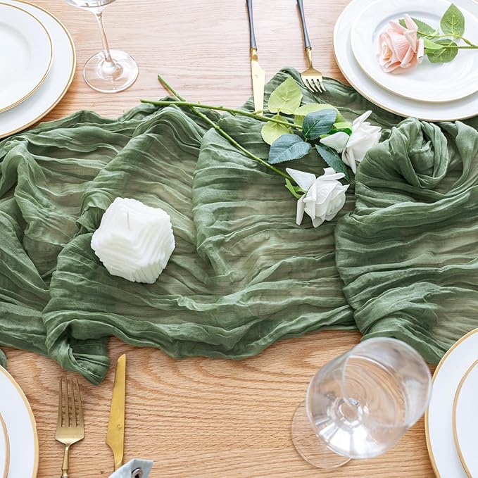 Wokceer Sage Green Cheesecloth Table Runner Spring 2Pack 10FT Boho Gauze Easter Table Runner for Party Long Rustic Sheer Runners for Baby Bridal Shower Wedding