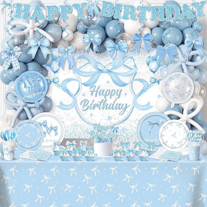Blue Bow Party Supplies Serve 24,Coquette Birthday Decorations Include Bow Themed Tableware Tablecloth Backdrop Blue and White Balloon Arch Kit for Girls Birthday Decor