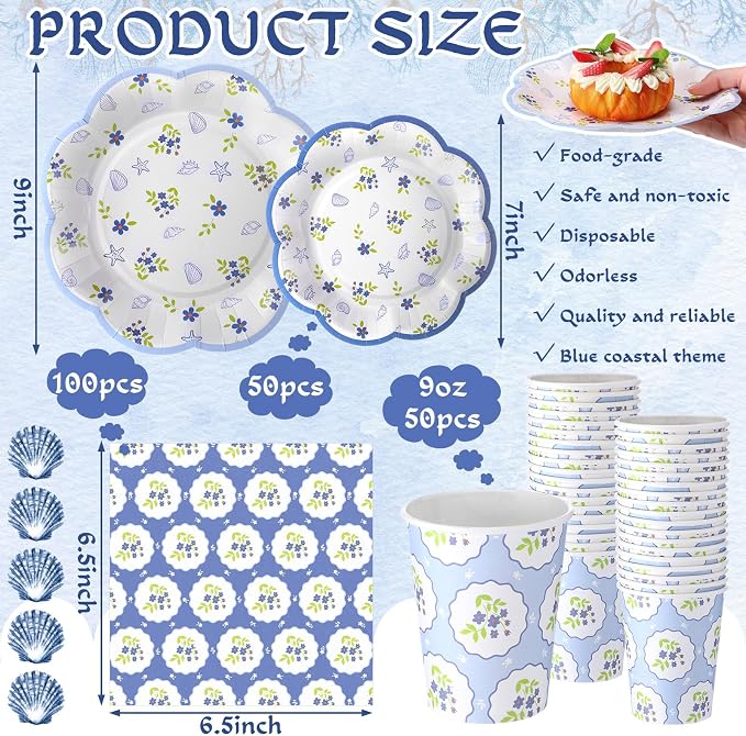 250 Pcs Blue Coastal Paper Plates Last Toast on The Coast Bachelorette Party Decorations Beach Disposable Plates and Napkins Blue Seashell Dinnerware for 50 Guests for Wedding Bridal Shower Supplies