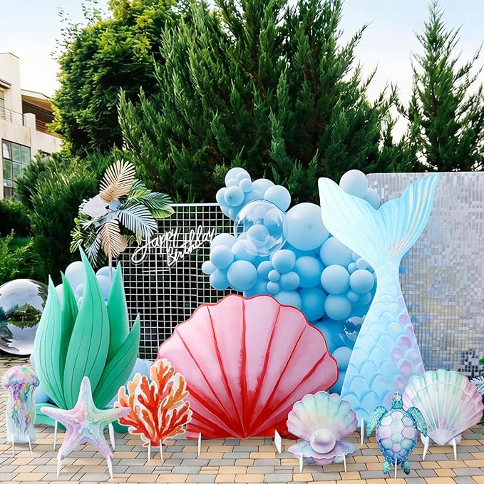 9 Pcs Large Under The Sea Party Decorations Mermaid Birthday Decorations, Ocean Theme Party Supplies, Shell, Starfish, Jellyfish, Seaweed, Coral Stand up Cardboard Cutouts for Baby Shower