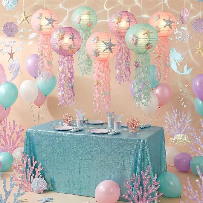 VioraWhite 18 Pcs Mermaid Birthday Party Decorations 6 Pcs 9.8'' Hanging Jellyfish Paper Lanterns 8 Starfish Decor 2 Holographic Iridescent Dot Garlands for Mermaid Under The Sea Ocean Birthday Decor