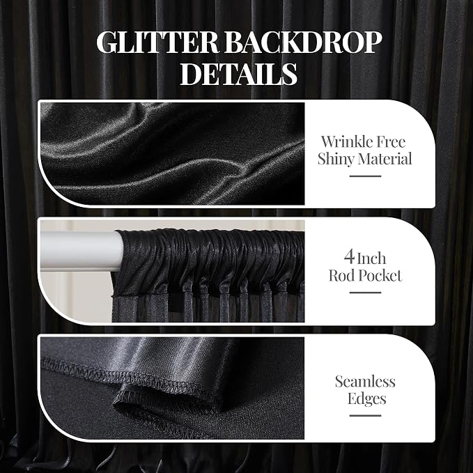 Black Glitter Backdrop Curtains - 10x12FT Satin Photo Backdrop, Wrinkle-Free Shimmer Back Drop Cloth Shiny Drapes for Photobooth Wedding Birthday Parties Photoshoot Background Decorations