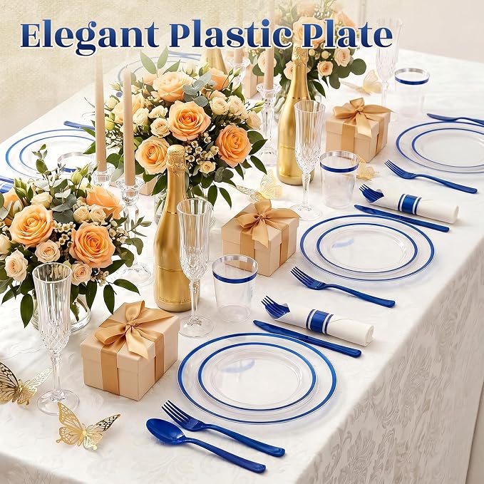 175pcs Plastic Plates for Party Clear & Blue | Disposable Plastic Dinnerware Set for 25 Guests Include 50 Plastic Plates,25 Cups & 25 Pre Rolled Napkins with Cutlery Set