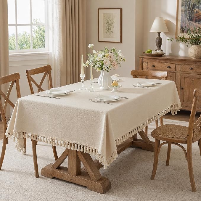Beige Linen Tablecloth for Rectangle Tables 55x86 Inch | Waterproof Heavyweight Farmhouse Table Cloth with Tassel, Wrinkle Free Cover for Dining Party
