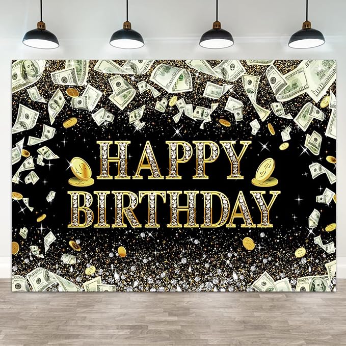 5x3ft Happy Birthday Backdrop Dollar Bill Theme Photography Background Money Glitter Diamond Girls Boys Birthdays Party Banner Decorations Gold Coins Men Women Parties Photo Booth Prop