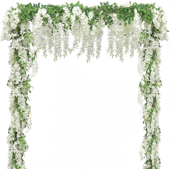 Findosom Wisteria Artificial Flowers Garland, 2Pcs Total 14.4FT White Wisteria Hanging Flowers, Flower Garland Decorations for Home Garden Outdoor Ceremony Wedding Arch Decoration