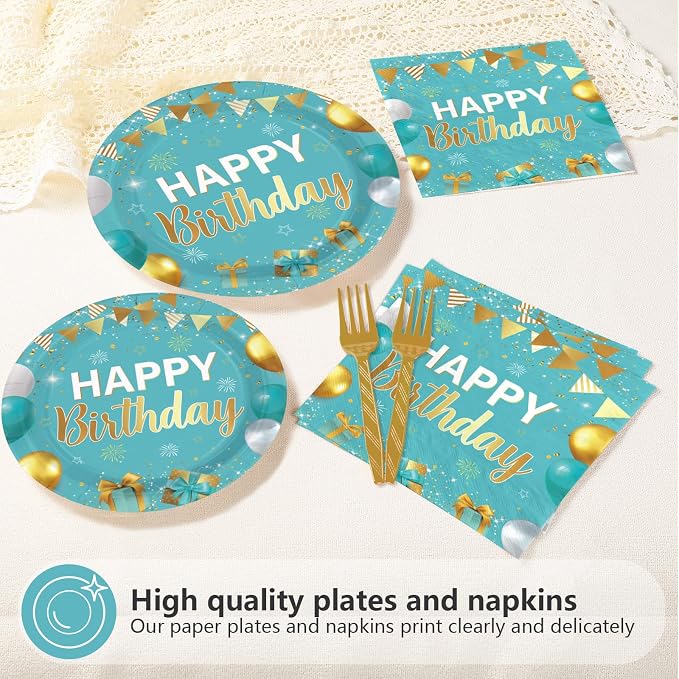 96 Pcs Teal Blue and Gold Birthday Party Supplies Happy Birthday Plates and Napkins Disposable Turquoise Aqua Teal Tableware Set for Men Women birthday Party Decorations Serves 24