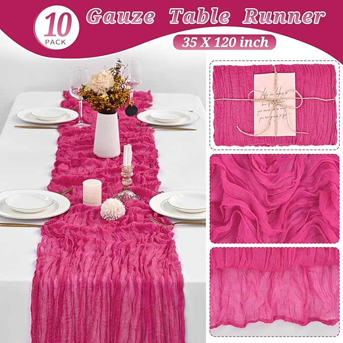 10 Pcs Hot Pink Cheesecloth Table Runner 10FT, Gauze Table Runner for Wedding Reception Sheer Bridal Shower Birthday Party Boho Table Decoration, Rustic Romantic Wedding Runner
