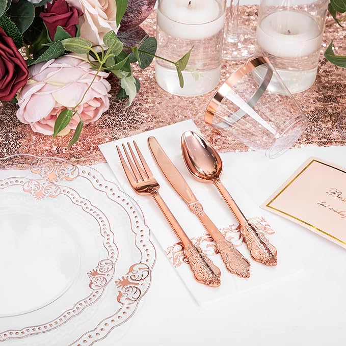 Ciaell 175 PCS Rose and Gold Plastic Plates - Fancy Rose Gold Disposable Dinnerware Set with of 50 Plates, 25 Knives, 25 Forks, 25 Spoons, 25 Cups, 25 Napkins for Wedding & Party & Mother's Day