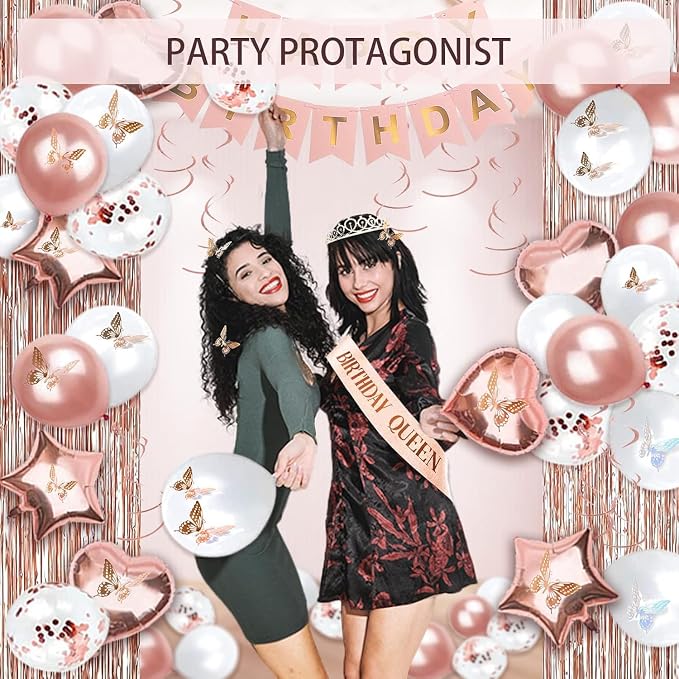 UJoyant 296 Pcs Birthday Decorations For Women, Rose Gold Party Decorations Kit For Girls Or Women - Butterfly, Hanging Swirl, Balloon Stand, Sash, Tiara, Banner, Balloon, Tableware For 50 Guest