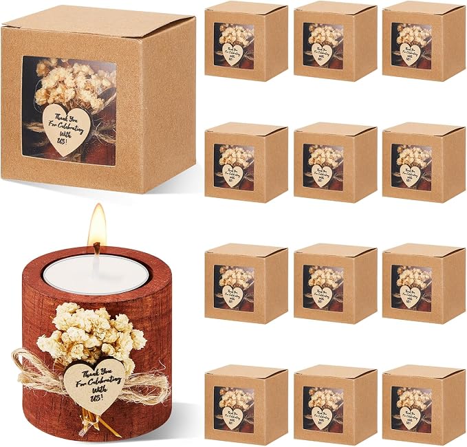 12 Pcs Rustic Wedding Party Favor Candle Holders Bridal Shower Favors Wooden Candles Favors Gifts Souvenirs for Guest Romantic Gifts Wedding Decorations (Dark Brown)