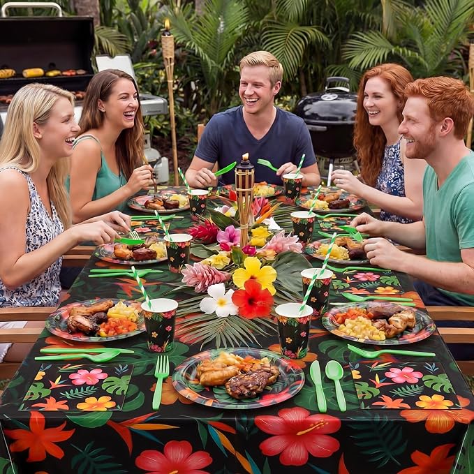 Vesici 452 Pcs Tropical Hawaiian Aloha Party Supplies Set for 50 Guests Luau Disposable Tableware 9'' 7'' Paper Plates Napkins Tablecloths 9oz Cups Cutlery for Summer Beach Pool Birthday Decorations