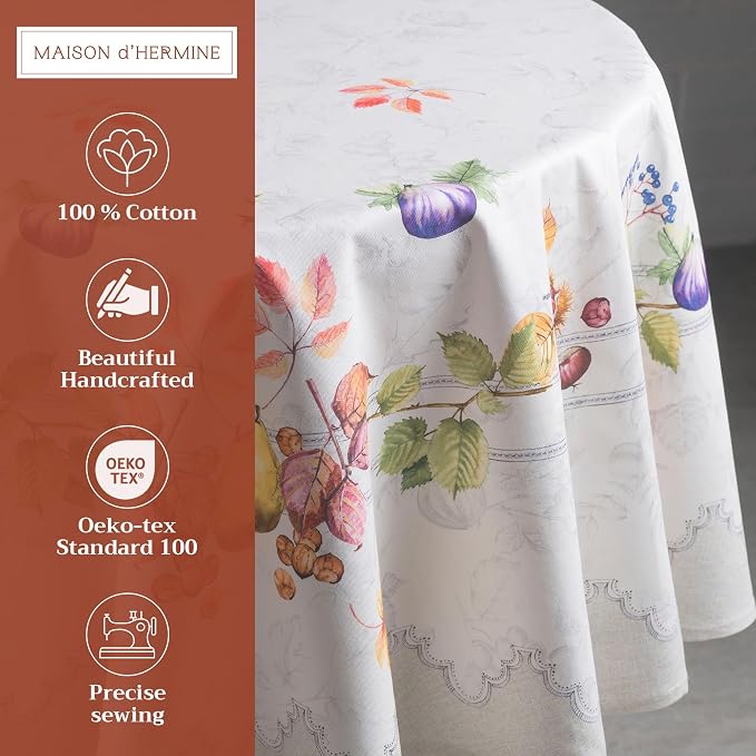 Maison d' Hermine Table Cloth Round Table 100% Cotton 69 Inches Fall Tablecloth Reusable Everyday Use for Thanksgiving Christmas Decorations Dining Farmhouse Party (Fruit D'Hiver)