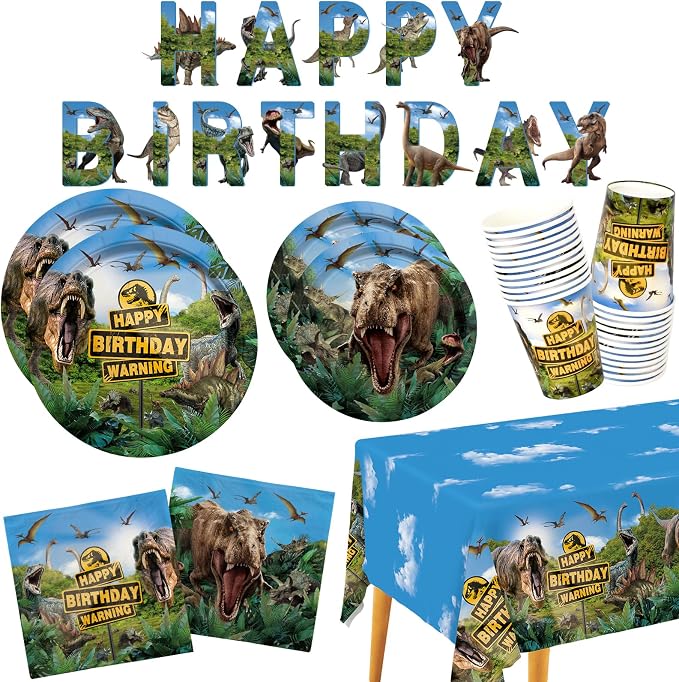 Dinosaur Birthday Party Supplies Disposable Paper Plates Napkins Cups Tablecloth and Banner for Dinosaur Party Decorations , Serve 25