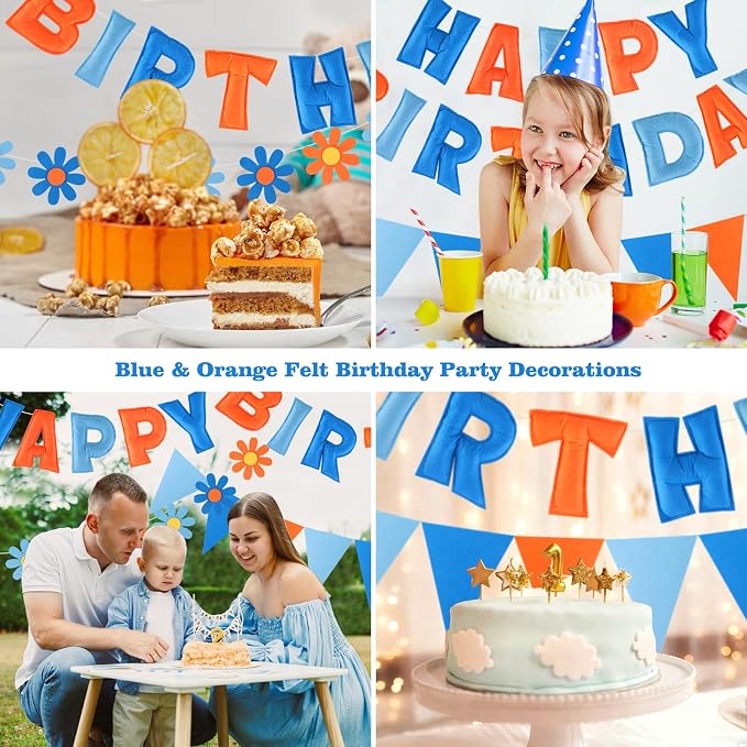 YEOCU Happy Birthday Decorations, No DIY, Pre-Strung 3D Banner | Blue & Orange, 3D felt banner, flower garland & flags. No DIY, reusable for kids & women.