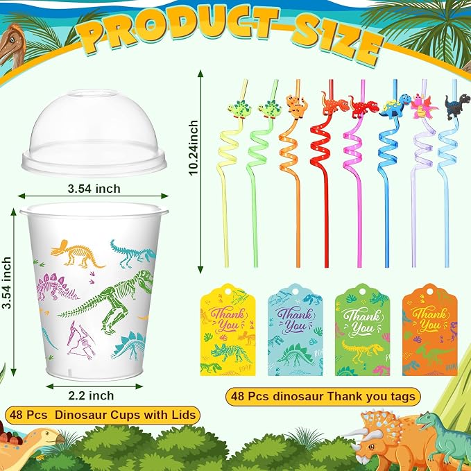 Qinyoung 48 Set Dinosaurs Party Supplies Dinosaur Cups Party Favors Goody Cups with Gift Tags 12 oz Plastic Dino Cup with Lids and Straws Set for Party Decorations
