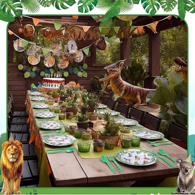 Funnymoom 400 Pcs Safari Happy Birthday Party Supplies for 50 Guests Jungle Animals Paper Plates and Napkins Knives Spoon Fork Cup Wild Animals Lion Tiger Dinner Sets for Zoo Birthday Party